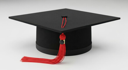 A black graduation cap with a vibrant red tassel is placed on a clean white surface, symbolizing academic achievement and the completion of studies.