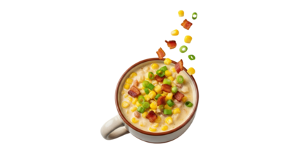 Elevated corn chowder delight showcases vibrant ingredients and culinary artistry in a modern composition against a clean backdrop, offering a