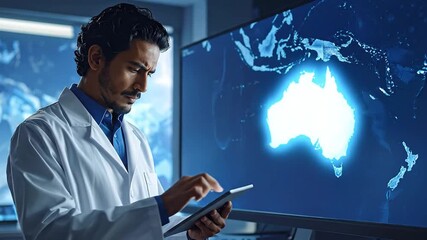 Scientist Analyzing World Map Data on Tablet in Lab - Powered by Adobe