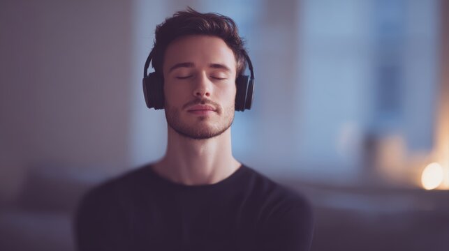 Man doing meditation at home with headphones, modern digital wellness practice - Powered by Adobe