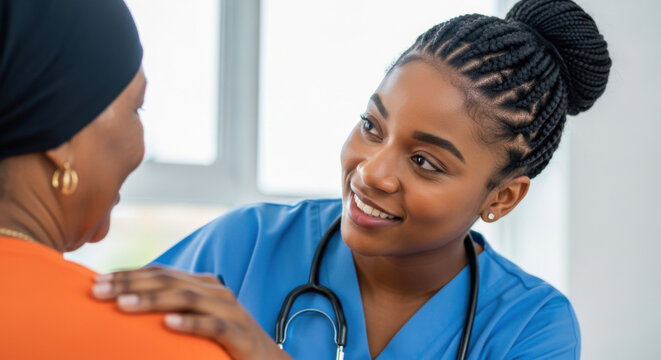 A compassionate Black nurse in blue scrubs offers support to her patient in an orange top. The scene is set in a bright room, symbolizing care and trust. - Powered by Adobe