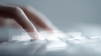 Person typing on transparent keyboard with floating UI elements, futuristic workflow concept