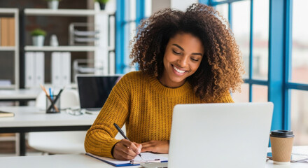 A smiling African American woman writes at her desk with a laptop in an office. She appears cheerful in a bright, natural light setting with bookshelves in the background.