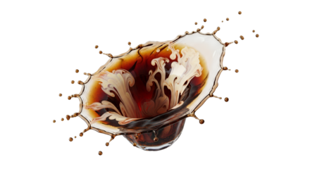 Dynamic coffee and cream splash capturing a moment of high-speed interaction with swirling pattern
