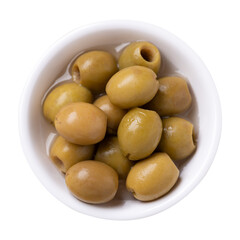 Pickled olives, Pitted green olives in a bowl, Top view	