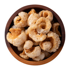 Pork rind in wooden bowl, Northern Thai food, Top view