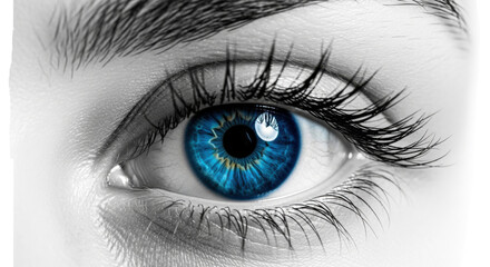 A striking close-up captures a piercing blue human eye surrounded by delicate, long eyelashes, set against a contrasting monochrome skin. Details of the iris create a captivating and focused gaze.