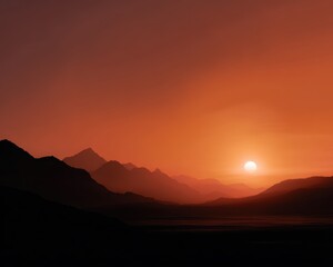 Obraz premium Simple outline of a peaceful nature scene with mountains and sun