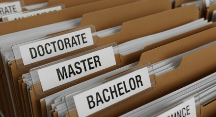 Detailed close up of brown file folders clearly labeled Bachelor, Master, and Doctorate degrees, showcasing academic records and educational achievements with organized storage. Selective focus.