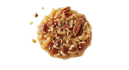 Delectable pecan coconut brittle disc, a confectionery masterpiece floating on a clean white background with delicate shadow showing great details