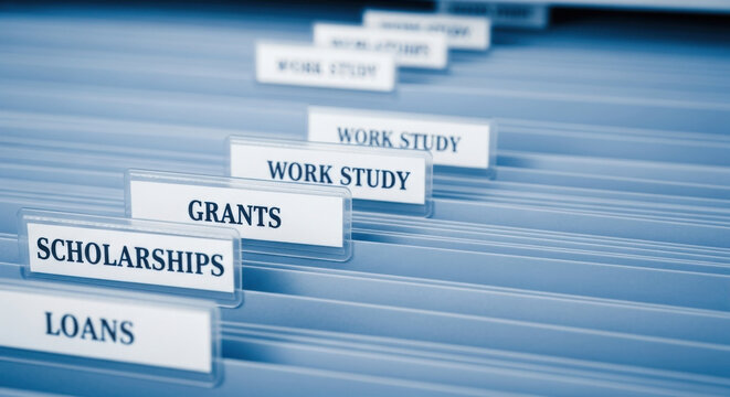 A neat row of blue file folders labeled with 'Scholarships', 'Grants', and 'Loans', focuses on finance and education in an organized, accessible manner.