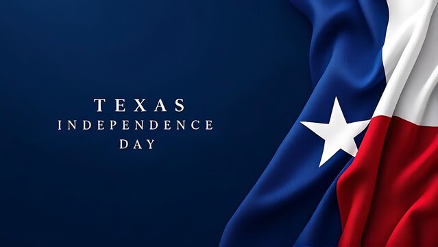 A vibrant Texas flag draped against a deep blue background with the text 'TEXAS INDEPENDENCE DAY' celebrating the state's history.