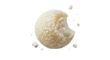 Delicious coconut ball with bite mark on isolated white background ready to indulge the sweetness and freshness with delightful and tasty