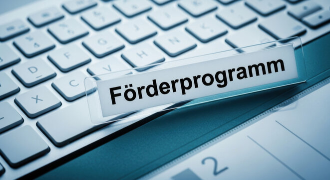 A close-up shot of a computer keyboard with a 'Forderprogramm' button, features a blend of blues and whites, capturing modern tech and program details.
