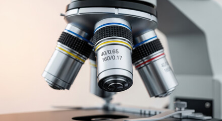 Detailed close up showcases a microscope turret with multiple objective lenses, emphasizing scientific research in a laboratory. Silver metallic finish, selective focus.