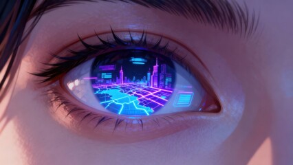 Naklejka premium Female-led tech innovation concept. A futuristic eye reflecting a vibrant digital cityscape.