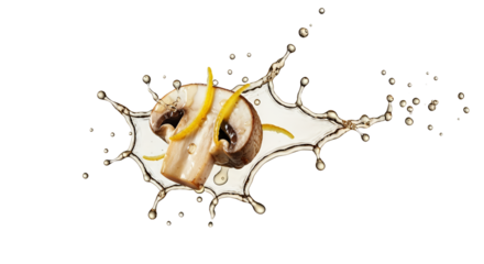 Mushroom slice in fluid splash, showcasing culinary arts and vibrant culinary artistry highlighting fresh ingredients and creative plating elegance