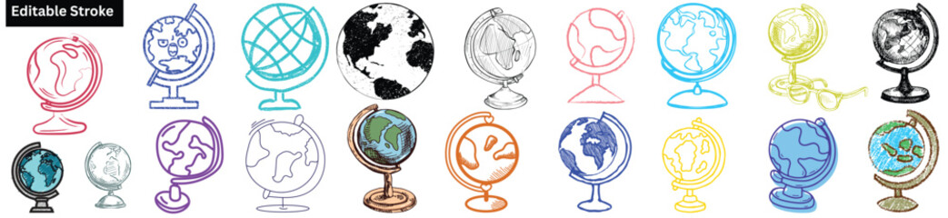 Globe and Earth Doodle Icon Set With World Map, Geography Sphere, Travel Earth and Classroom Globes – Creative Vector Illustration Pack With Hand Drawn Style and Editable Stroke. © Emran Graphics