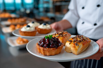 Pastry chef presenting assorted dessert tarts and pastries