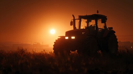 Obraz premium Silhouette of a Tractor in a Field at Sunset
