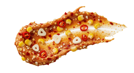 Artistic Food Presentation: A Vibrant Smear of Flavorful Ingredients on White Backdrop that includes red pepper, garlic and corn