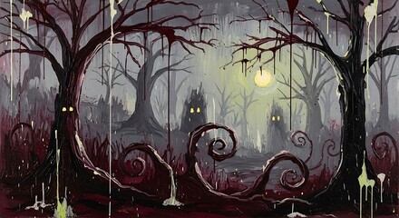 Spooky forest with glowing eyes and dripping paint