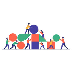 Diverse team collaborating to build a structure with geometric shapes, symbolizing teamwork and problem-solving.