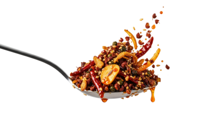 Fiery chili oil blend on a spoon showcasing vibrant textures and spicy culinary delight with an explosive burst of flavor and enticing aromatics on