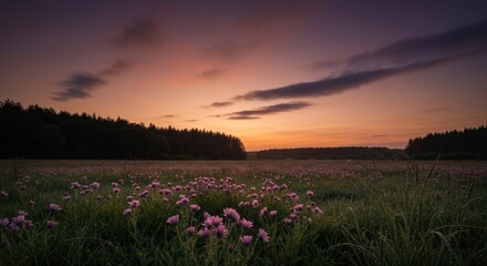 Sunrise over a field of wildflowers. Pink blossoms blanket a grassy meadow at dawn, with dark forest in the background. Soft light paints the sky in warm hues