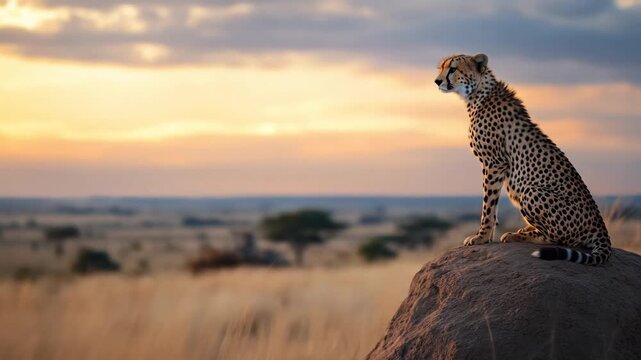 Alert cheetah perched on rock observing landscape at sunset