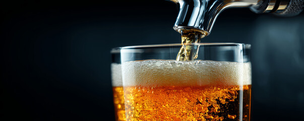 Amber beer pouring into glass with foam and bubbles from metal tap in bar setting with warm light