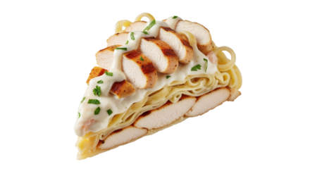 Delectable Chicken Alfredo Pasta Slice on White Backdrop, a Culinary Presentation Full of Flavor and Harmony, Showcasing an Appetizing Main Course