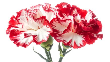 Close-up studio shot of two vibrant flowers; red petals with white streaks, resting on green stems. White backdrop