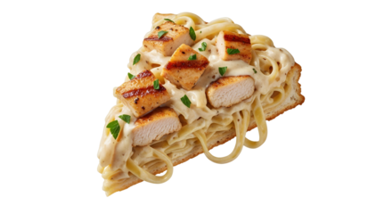 A delectable slice of grilled chicken alfredo pasta served on toasted bread, set against a pristine white backdrop, enticing culinary experience