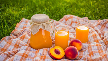 Fresh peach juice in a jug and glasses, with ripe peaches on a picnic blanket in a grassy field. A healthy and refreshing outdoor summer picnic scene.