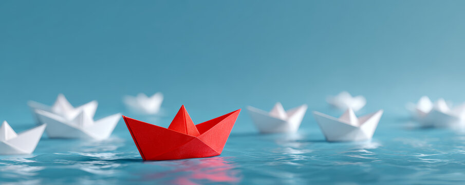 Paper boat leadership concept with red paper boat standing out among white paper boats on blue water surface