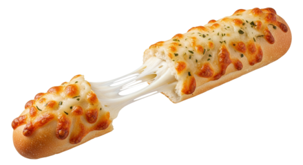 Savory delight: A cheesy breadstick adorned with melted cheese and herbs against a white backdrop, capturing the essence of comfort food in a single