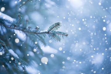 Close-up of Pine or Fir Tree Branch Covered in Snow with Falling Snowflakes and Blue Bokeh