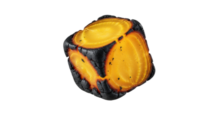 Conceptual representation of a roasted golden beet in the shape of a cube on a pure white background portraying food art and culinary geometry