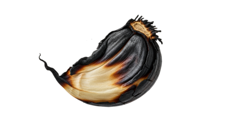 Mystical single black garlic clove, contrasted against pure white backdrop showcasing gourmet culinary ingredient isolated to highlight intense