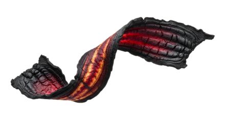 Abstract Spiral Sculpture with Textured Charred Edges and Fiery Internal Glow against White Canvas background