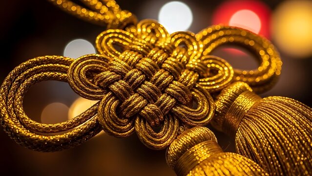 Close-up of Intricately Knotted Golden Chinese Knot with Tassels, Symbolizing Prosperity and Good Luck for Festive Celebrations
