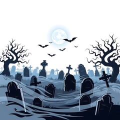 Spooky Halloween Graveyard with Moon and Bats cemetery