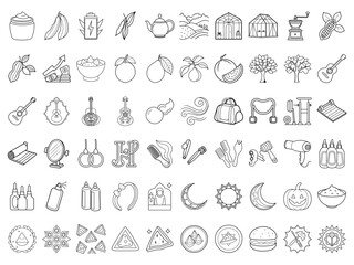 Education, Religion & Food Coloring Page: Graduation Cap, Mosque, Grapes, Piano, Mill Line Art Vector