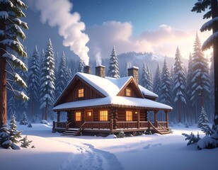 Cozy wooden cabin in a snow-covered forest, steam rising from chimney