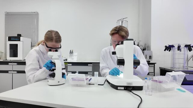 Laboratory technicians analyzing samples in a modern research facility during daytime
