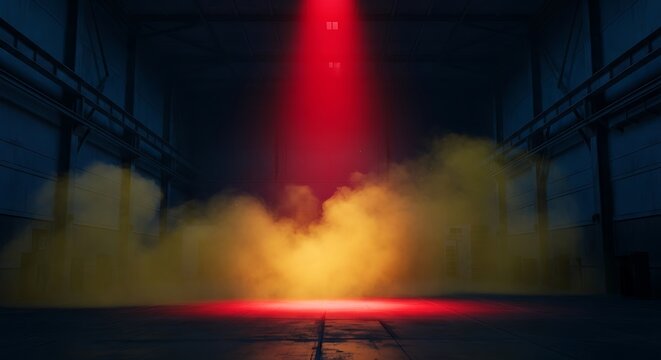 Mysterious Red Spotlight Illuminating Smoky Hangar Interior at Night