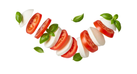 Culinary symphony of sliced tomatoes, creamy mozzarella, and fragrant basil leaves in mid-air, a deconstructed Caprese salad concept evoking