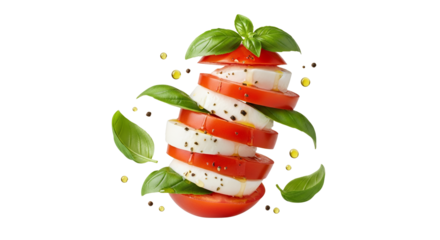 Floating caprese salad stack featuring vibrant tomatoes, fresh mozzarella, and aromatic basil leaves in artistic presentation