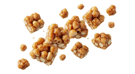 Elevated peanut brittle cluster assortment on bright backdrop, showcasing artisanal confectionery sweetness and nuttiness, emphasizing gourmet treat